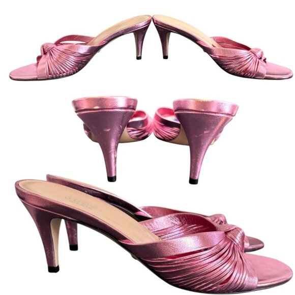 AUTHENTIC GUCCI HEELS PINK METALLIC LEATHER STRAPPY KITTEN SANDALS 7/37 EUC - Picture 4 of 7